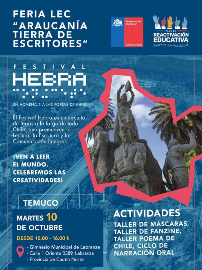 Este martes se inaugura el “Festival Hebra” para fomentar la lectura, escritura y comunicación integral que llega con tres jornadas a La Araucanía (2) Este martes se inaugura el “Festival Hebra” para fomentar la lectura, escritura y comunicación integral que llega con tres jornadas a La Araucanía