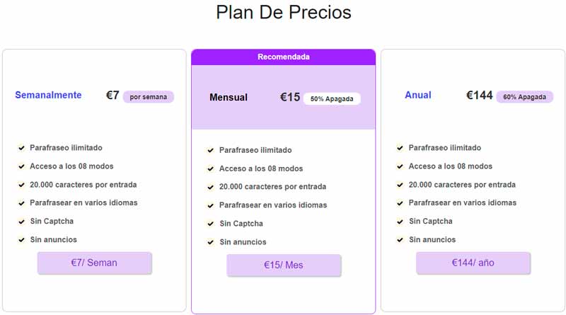 Revisión de Reescribirtextos.com Plan de precios