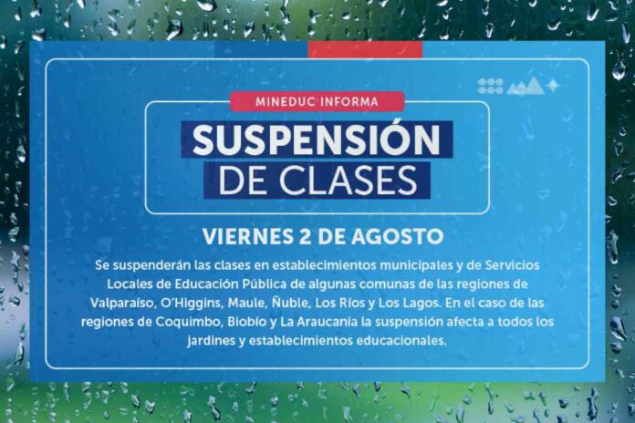 Reporte Mineduc: Se informa suspensión de clases para el viernes 2 de agosto por sistema frontal (actualizado a las 21:00 horas)