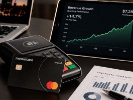 Mastercard supera previsiones con ingresos de US$9.277 millones Pagos digitales,Tarjeta de Crédito junto a gráficos de ingresos y terminal de pago